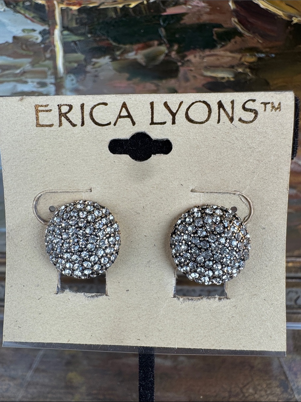 0702-Erica Lyons Round Pave Crystal Button Earrings - Silver and Clear